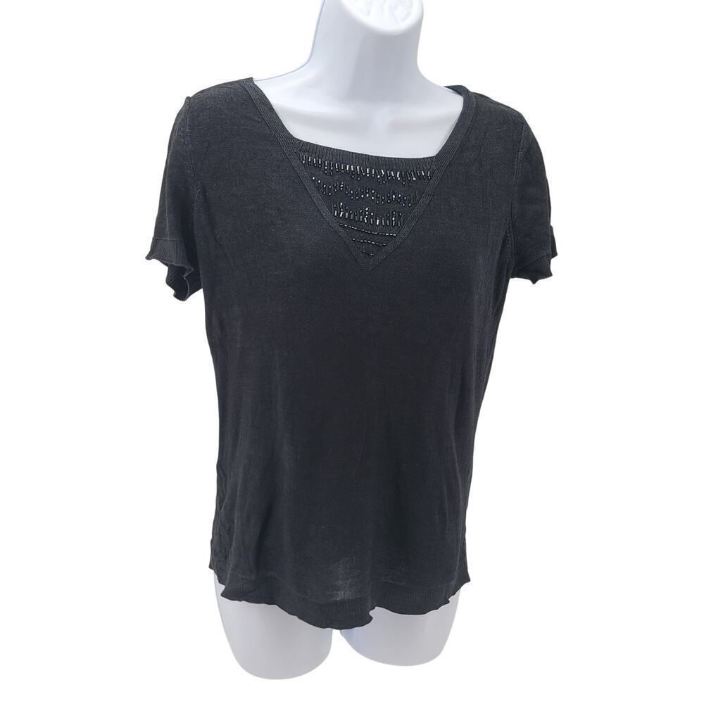 Emma James Silk petite large black beaded top Office work career  Dark feminine